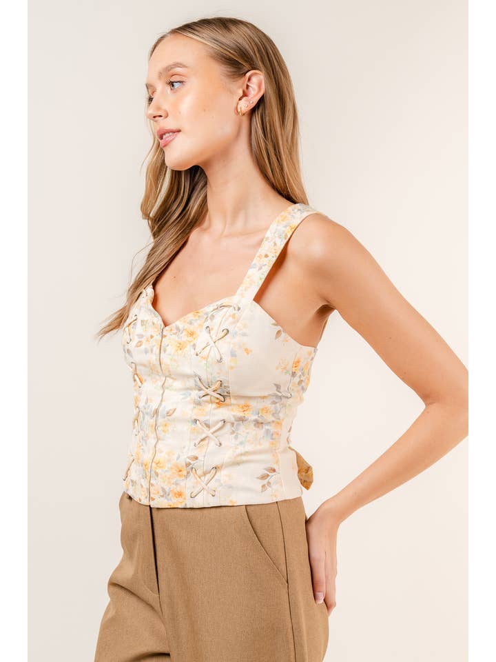 NATURAL COTTAGE CORE BOHO FLORAL LINEN PRINT CORSET TOP-TI5254FO for wholesale on Faire6