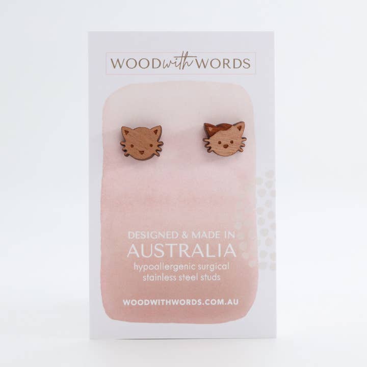 Wood With Words - Wholesale Stud/Post Earrings - Cat Pet Wooden Stud Earrings5