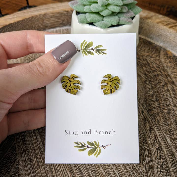 Stag and Branch - Wholesale Stud/Post Earrings - Monstera Leaf Wooden Stud Earrings | Plant Lover Gifts | Jew