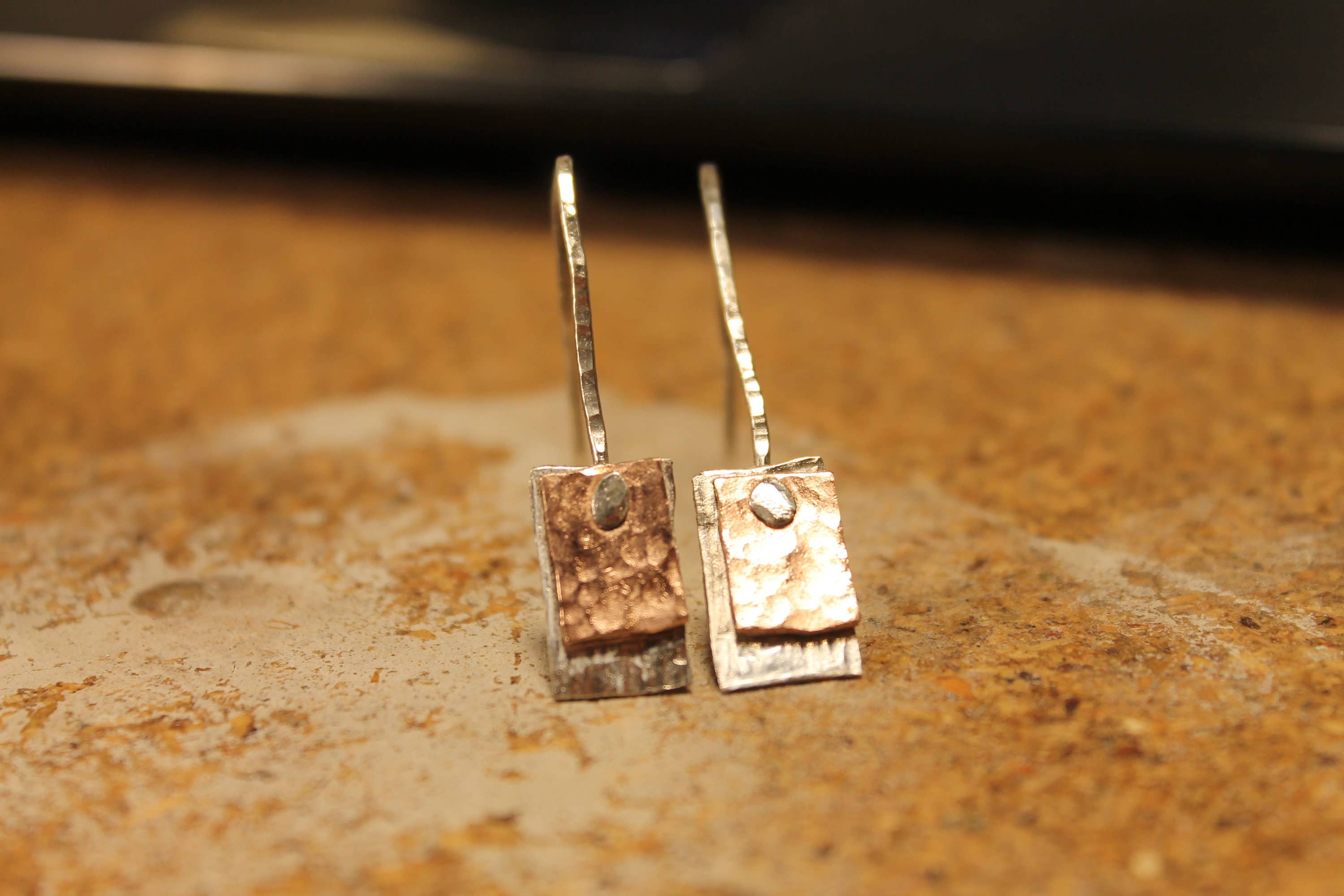 The Wonky Jewellery Company – wholesale Dangle earrings – Silver and copper drop earrings, hammered silver jewellery.3