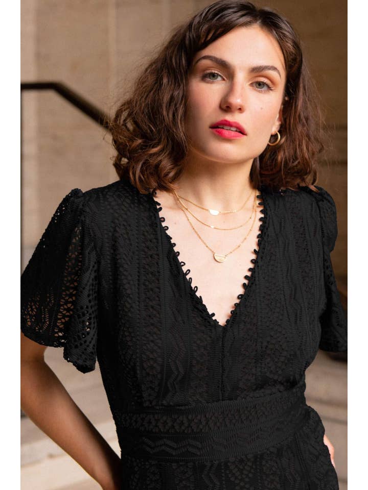 Black Bonnie Crochet Knit Midi Dress Lining Short Sleeves for wholesale on Faire