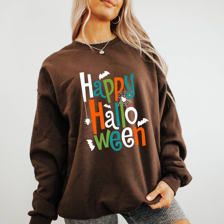 Happy Halloween Sweatshirt – Retro Colorful Spooky Pullover for wholesale by The Boho Haus