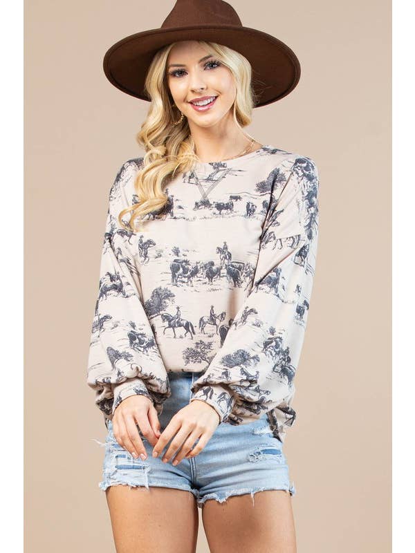 KHAKI CHARCOAL AV1171-HAILEY WESTEN PRINT SWEATSHIRT for wholesale on Faire2