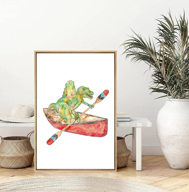 Goodfairyart - Vente Affiche d'art - Spinosaure sur canoë, peinture de dinosaure, aquarelle1