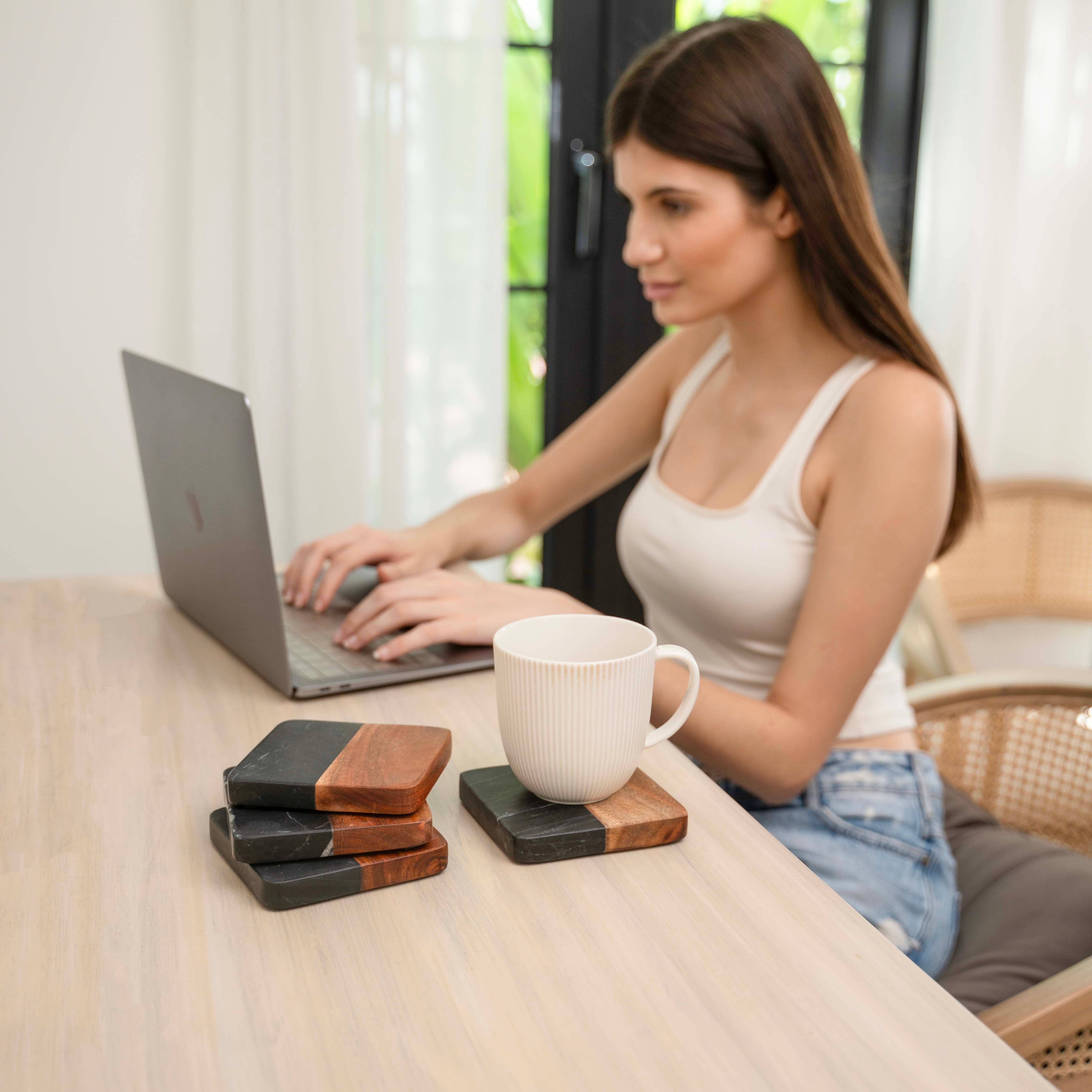 LuxeDesigns Co LLC - Wholesale Coasters - Artisan Marble and Wood Square Coaster Set of 4 - Black1