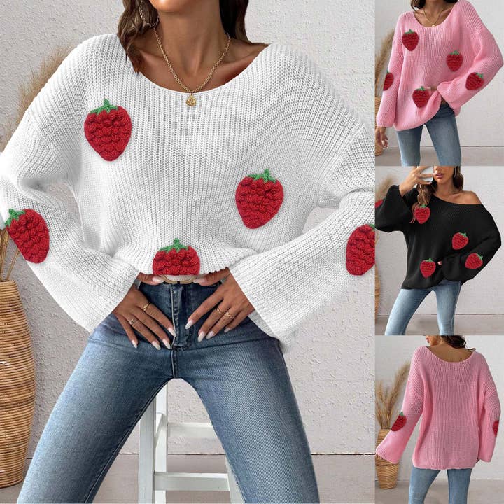 Masyal - Wholesale Knit Sweater - Women's - Off-shoulder Women's Sweater with 3D Strawberry Patchwork2