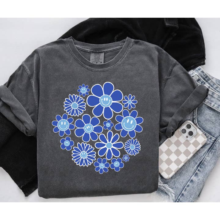 Blue KC Happy Flowers Pepper Tee for wholesale by The Red Rival Wholesale