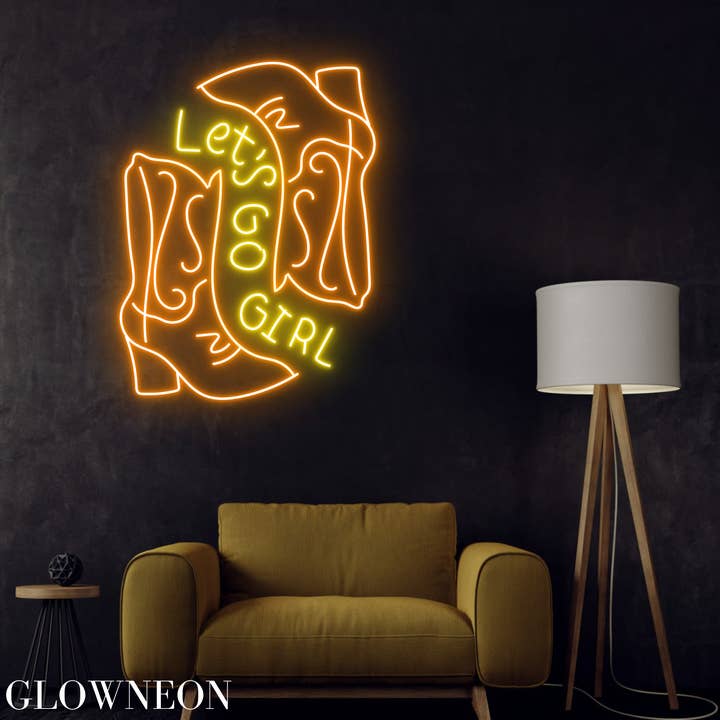 Luz de neón Let's Go Girl, diseño de botas de vaquera para dormitorio, pared, arte LED para venta al por mayor de Glow Neon