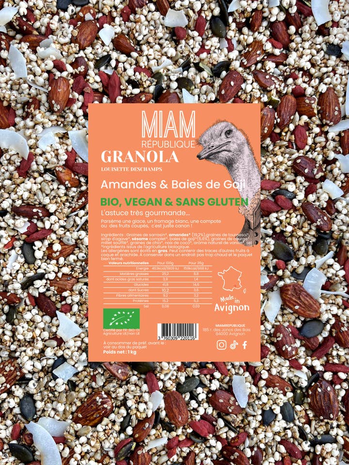ORGANIC GRANOLA ALMONDS, GOJI BERRIES 1kg MUESLI CRUNCHY for wholesale by MIAM REPUBLIQUE