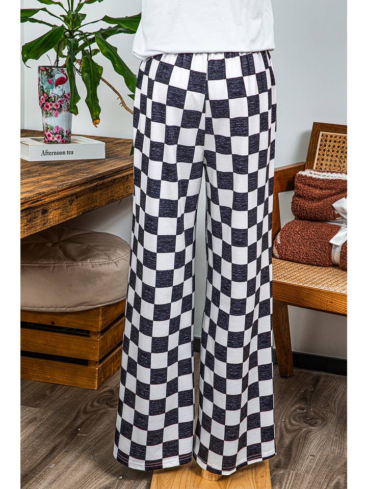 fashionworks - Wholesale Pants - Women's - Fashion-W 2-Tone Checked Print High Waist Wide Leg Pants