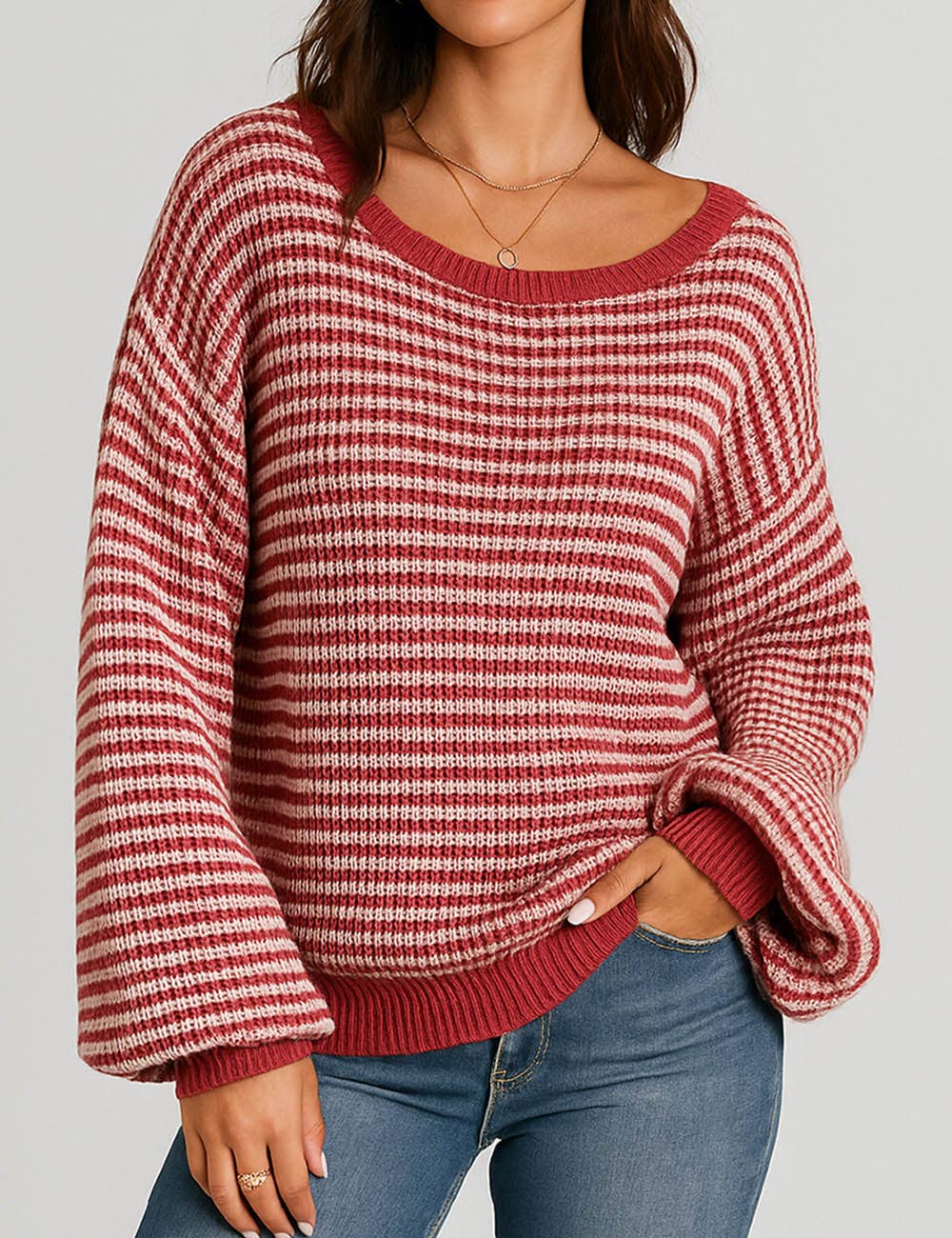 Sweetkama - Wholesale Knit Sweater - Women's - Ladies Striped Pullover Round Neck Lantern Sleeves Knit Sweater6