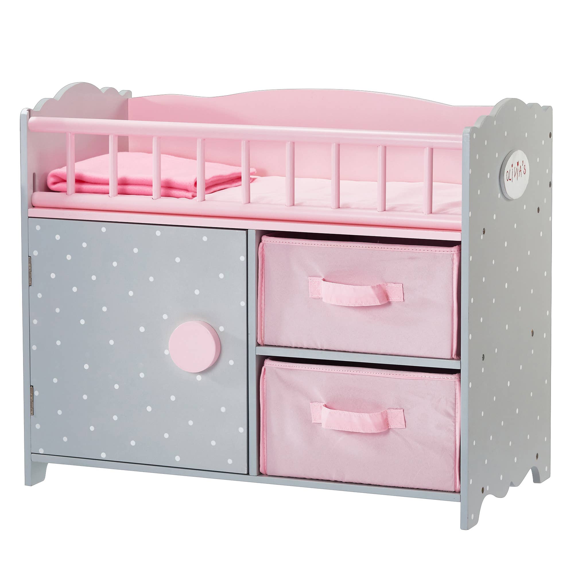 Pink Grey Polka Dots Princess Baby Doll Crib with Cabinet and Cubby for wholesale on Faire0
