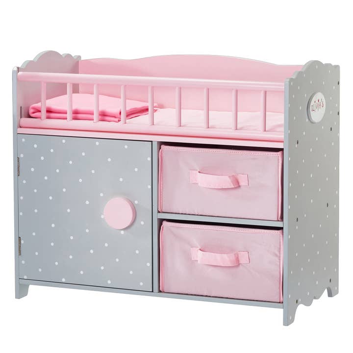Pink Grey Polka Dots Princess Baby Doll Crib with Cabinet and Cubby for wholesale on Faire