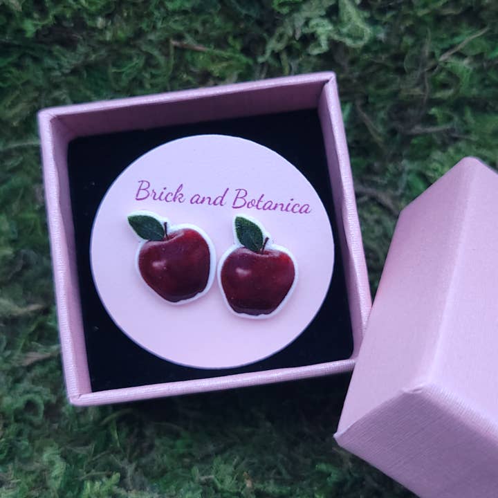 Handmade nickel free red apple stud earrings for wholesale by Brick and Botanica