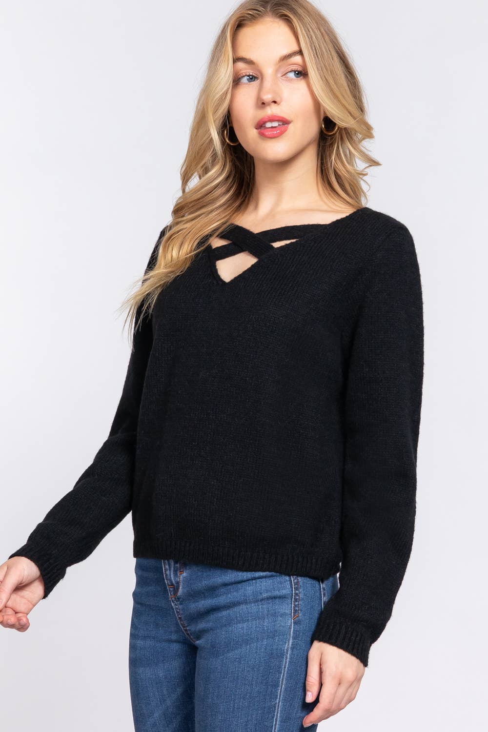 Active Basic | Active USA - Wholesale Knit Sweater - Women's - Long Sleeve V-neck With X Strap Sweater11