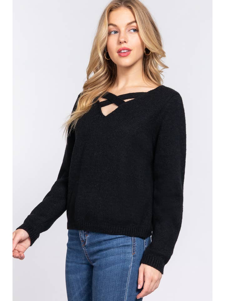 Active Basic | Active USA - Wholesale Knit Sweater - Women's - Long Sleeve V-neck With X Strap Sweater11