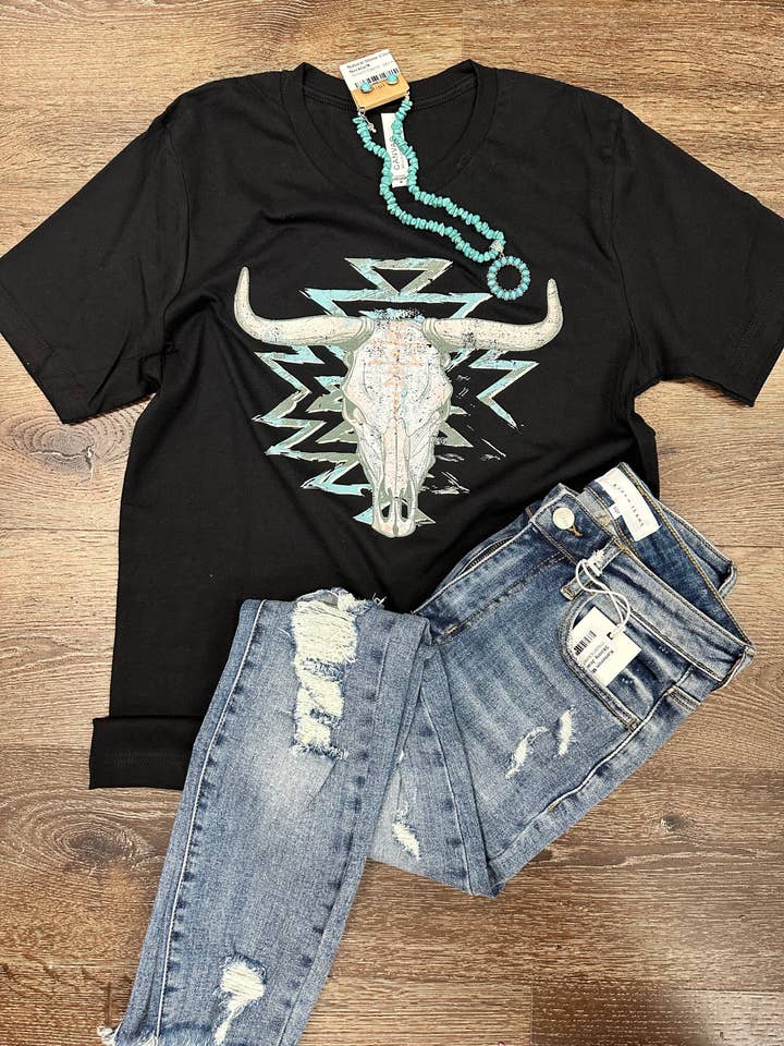 Rhinestone Cow Skull Graphic Teeshirt for wholesale by C&L Tees