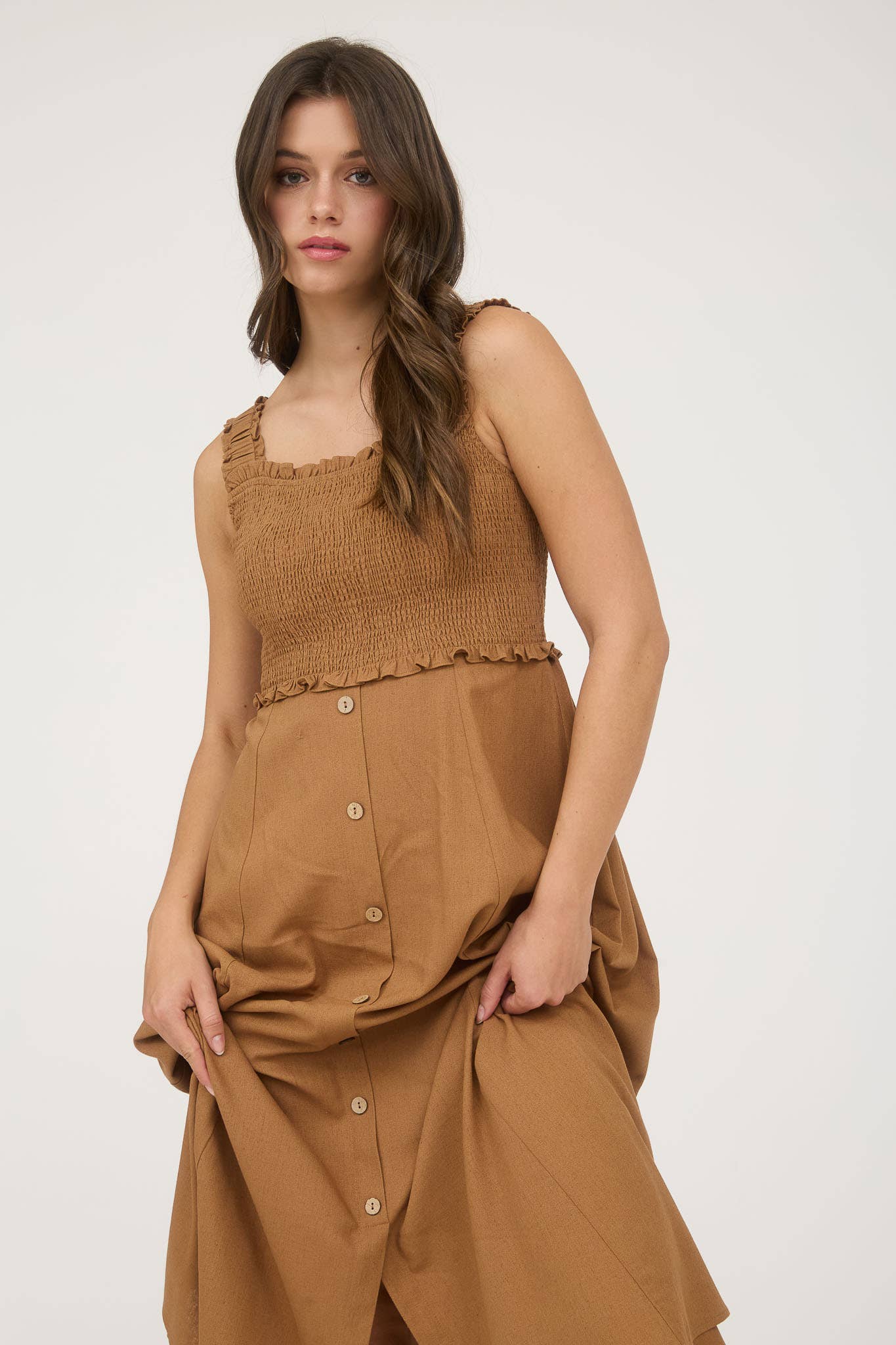 Blu Pepper - Wholesale Jurk - Dames - MIDI-JURK MET SMOCKWERK, MOUWLOOS EN KNOOPSLUITING15