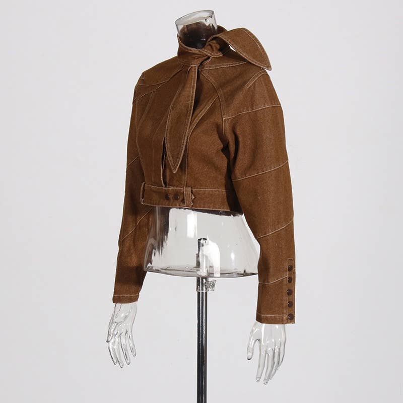 Cor como imagens Conjunto Retrô Desgastado Feminino com Jaqueta Curta com Amarração e Calça Reta para venda a revendedores na Faire7