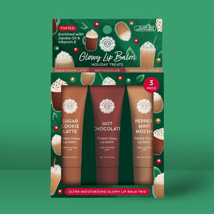 Holiday Treats Glowy Lip Balm Trio for wholesale by Woolzies