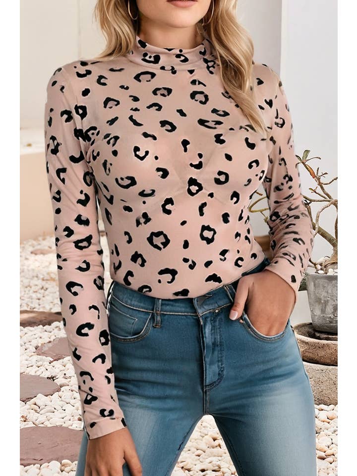 Khaki LDC Mock Neck Sheer Mesh Leopard Long Sleeve Bodysuit for wholesale on Faire2
