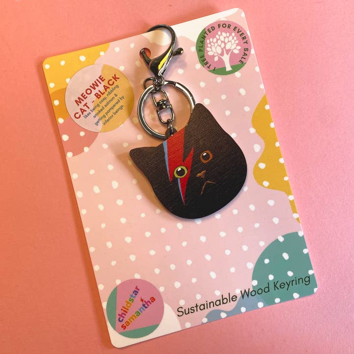 Childstar Samantha - Wholesale Keychain - Unisex - Black Cat with Ziggy Stardust Make Up Eco Wood Keychain Fob