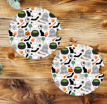 Prairie Chicken Sticker Shop & Gifts - Wholesale Car Coaster - Unisex - Witches Brew Cats & Bats Halloween Neoprene Car Coaster Set0