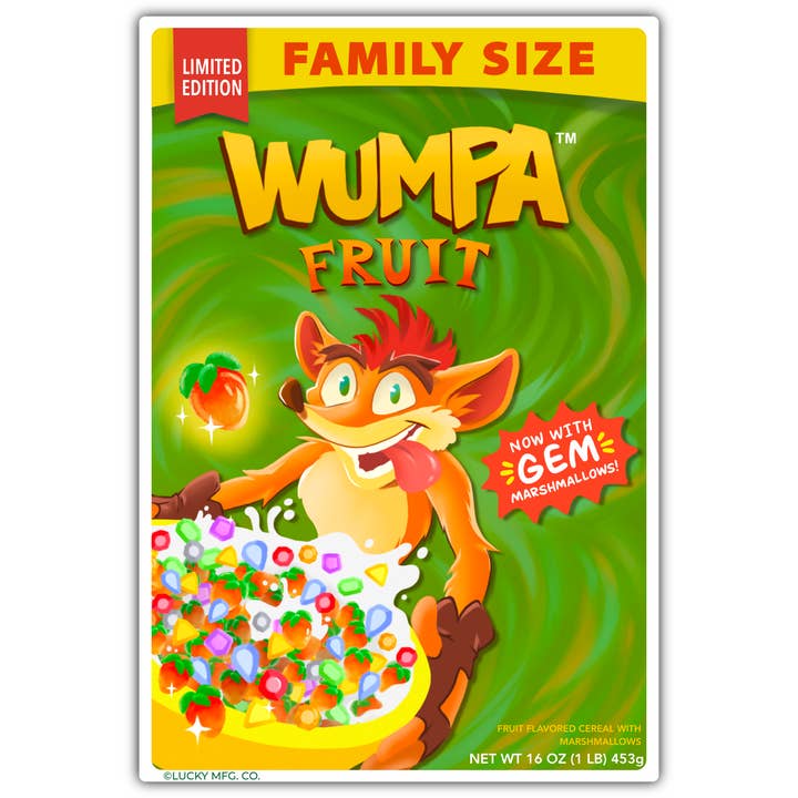 Adhesivo de vinilo «Wumpa Fruit Cereal» Crash Bandicoot Cereal Box con forma de parodia para venta al por mayor de Lucky Mfg. Co.