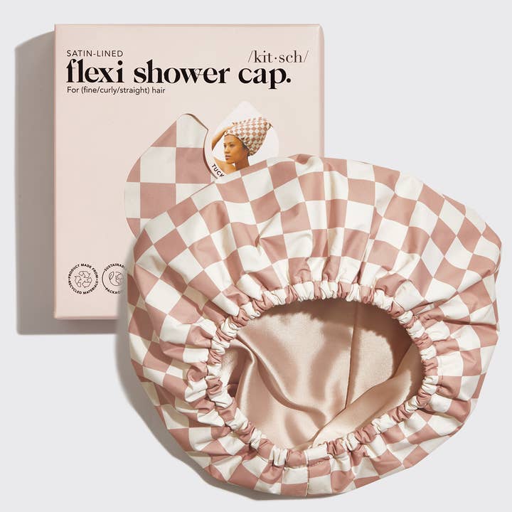 KITSCH - Wholesale Showercap - Satin Lined Flexi Shower Cap - Terracotta Checker