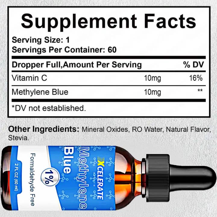Xcelerate Health - Wholesale Oral Supplement/Vitamin - Methylene Blue + Vitamin C β 10mg | Formaldehyde-Free, Pharmaceutical Grade | Liquid Dropper Supplement | 2 FL OZ | Lab-Tested, Vegan & Non-GMO6
