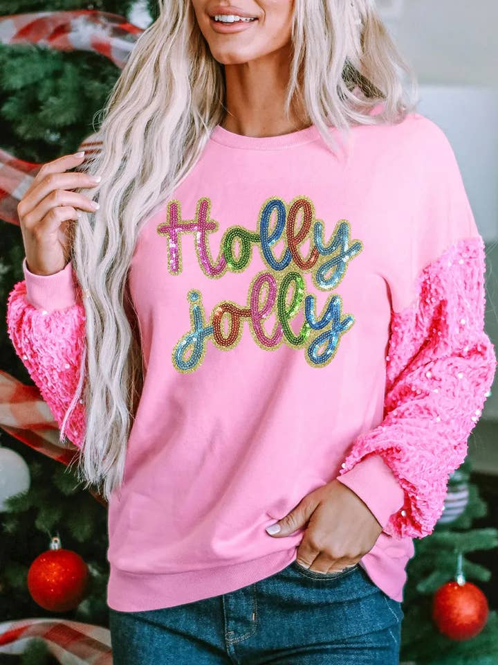 Pink Holly Jolly Sequin Letter Graphic Drop Shoulder Patchwork Long Sleeve Top for wholesale on Faire0