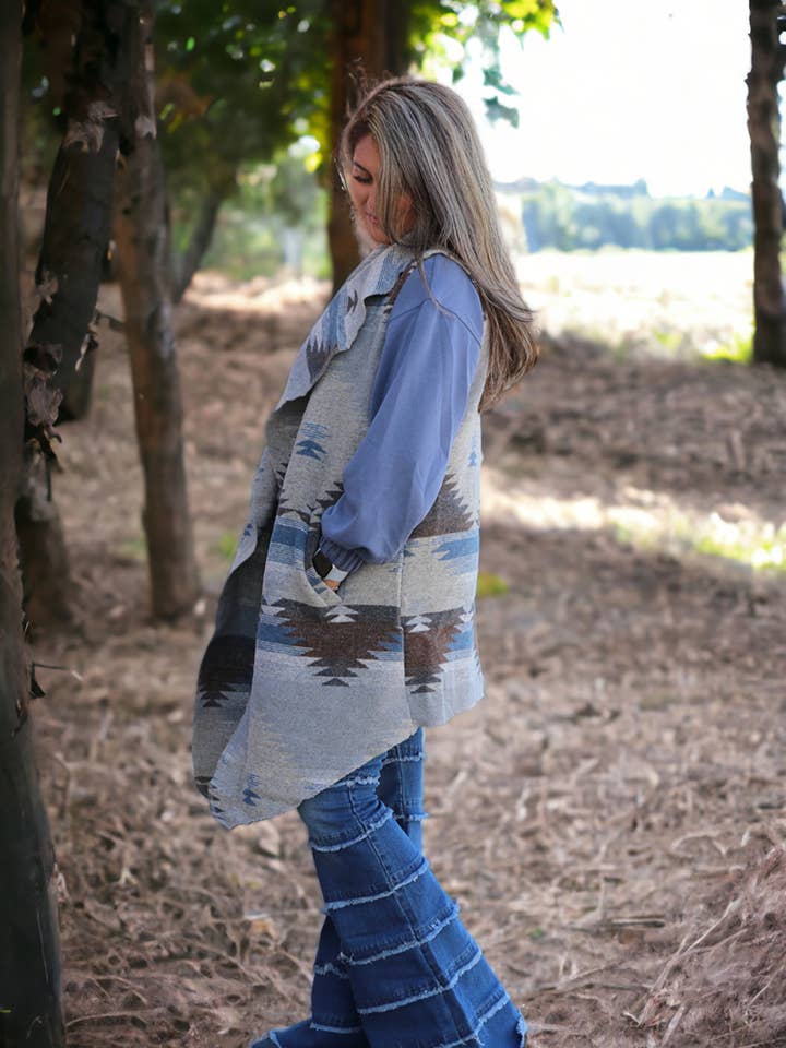 Kids Charm Online - Wholesale Cardigan - Women's - (WOMEN) BLUE & GRAY AZTEC PRINTED CARDIGAN. TPW65153026 JEAN