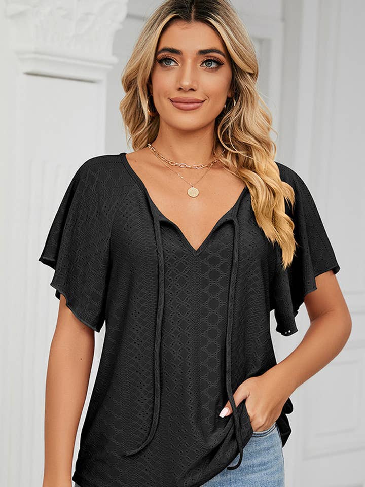 Lily Clothing - Wholesale Blouse - Women's - CWTTS0472_V NECK PUNCHING LACE UP RUFFLE LOOSE TOP4