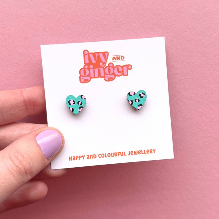 Handmade Mini Green and Pink Leopard Heart Stud Earrings for wholesale by ivy and ginger