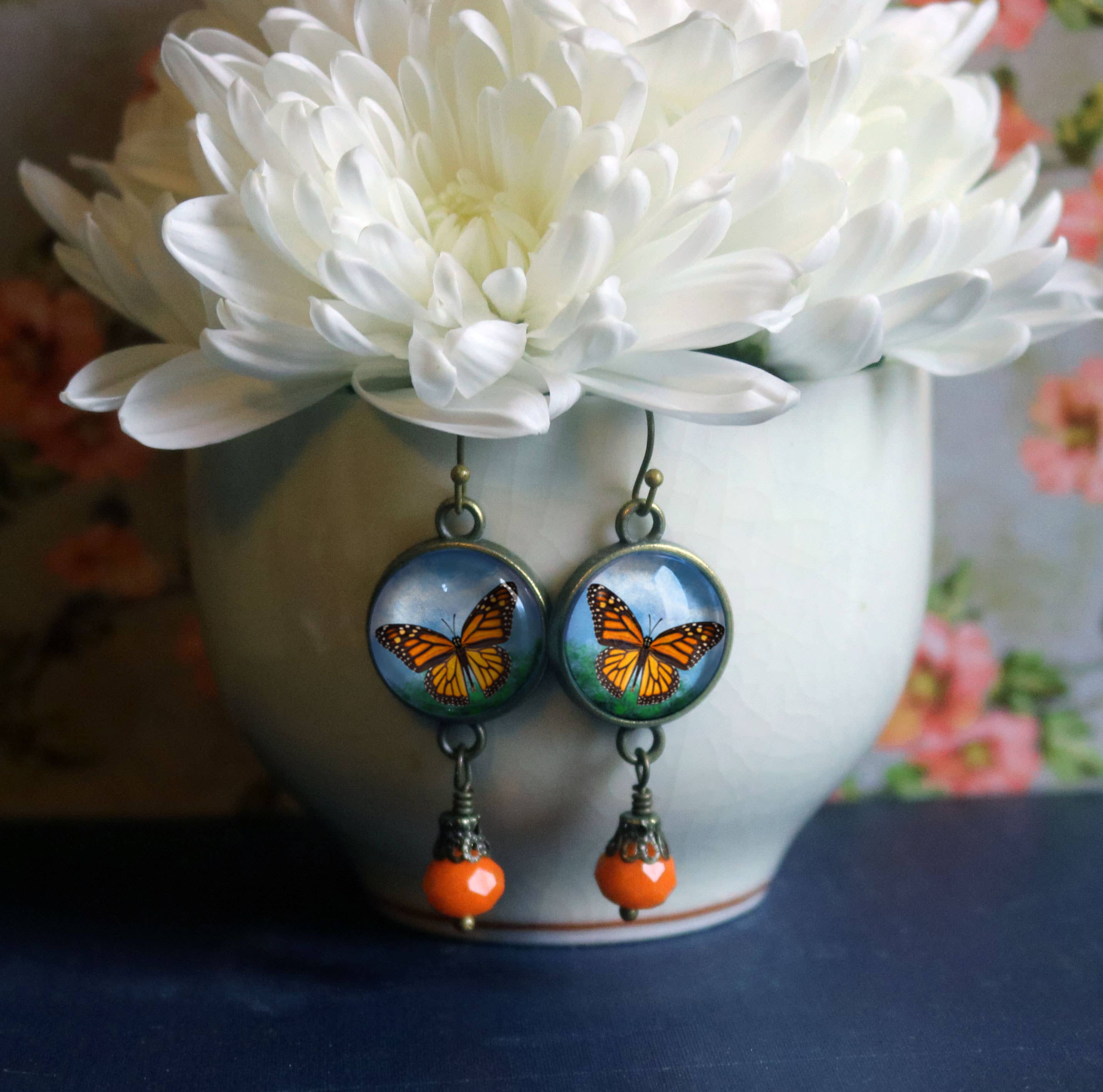 The Divine Iguana - Wholesale Dangle Earrings - Monarch Butterfly Glass Cabochon and Bronze Earrings1