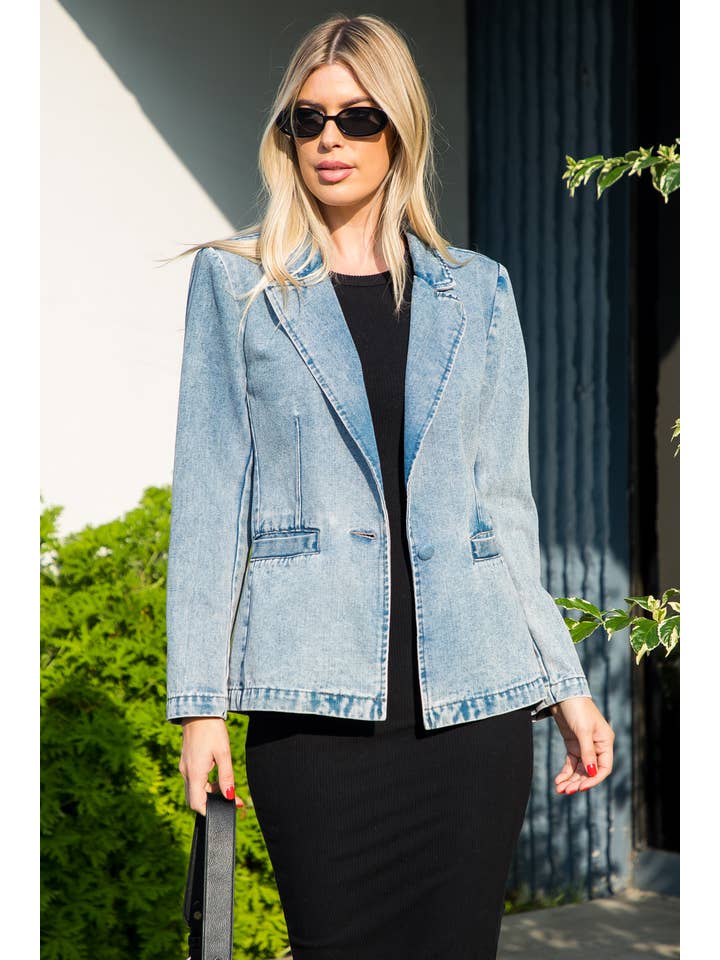 Light Wash Washed Denim Blazer W/ Welt Pockets for wholesale on Faire