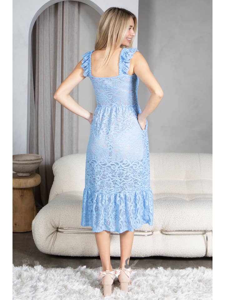 Loven x Mini Momo – Großhandel Kleid – Damen – Gemmoktes Spitzenkleid, ärmelloses Midikleid mit Tasche und Sommerrüschen8