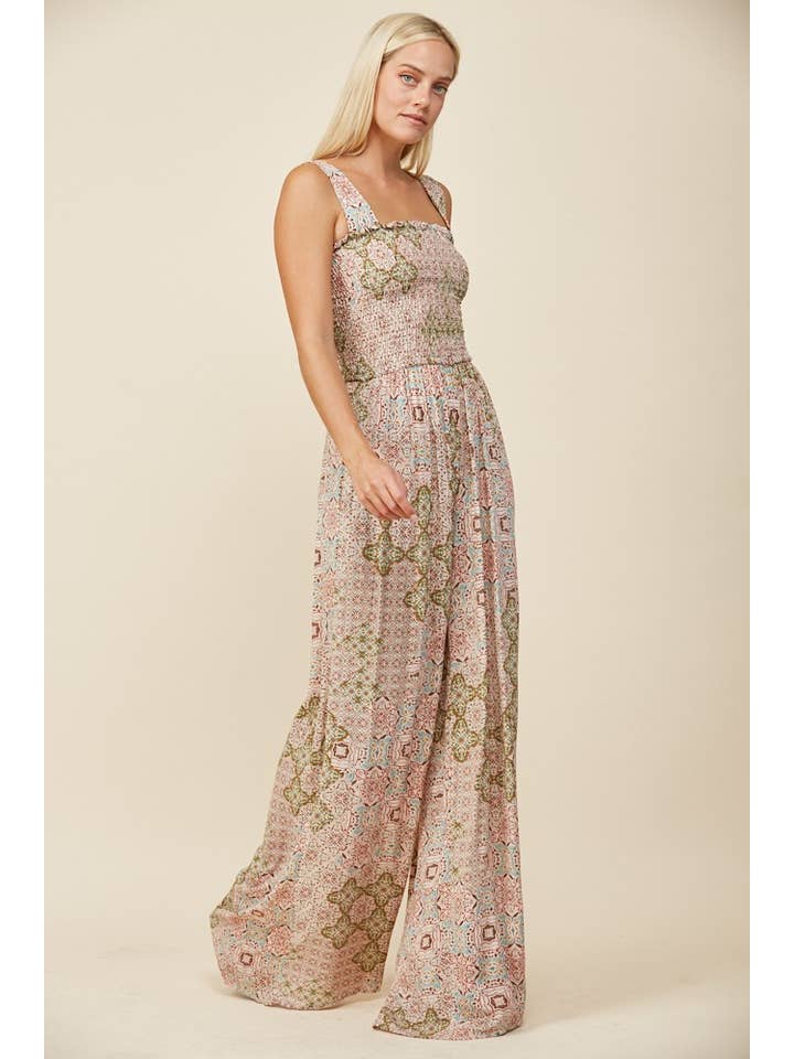 SAGE BOHO PAISLEY PRINT KNIT SMOCKED JUMPSUIT W4451RE for wholesale on Faire