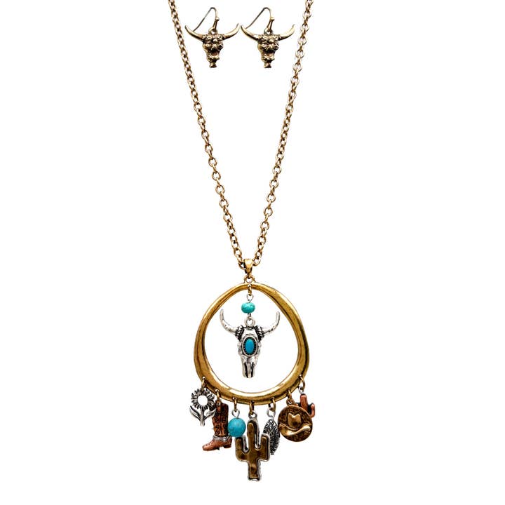 Western Longhorn Skull Charms Pendant Long Necklace for wholesale by Lunar Deer