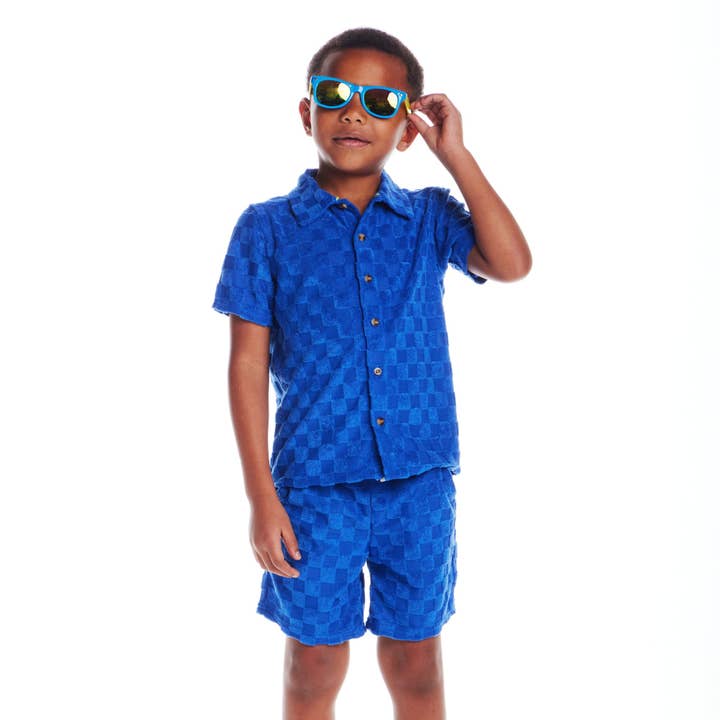 Kids (2-8) Textured Terry Shirt & Short Set| Blue Check for wholesale on Faire