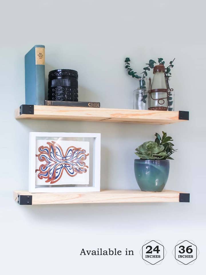 Rea (Natural) - Wall Mounted Floating Shelves with Decorative Iron Corners, Modern Rustic Wood, Set of 2 - Bedroom, Bathroom, Family Room, Kitchen with 24 x 6 x 1.5 in / 36 x 6 x 1.5 in for wholesale by Willow and Grace Designs Inc