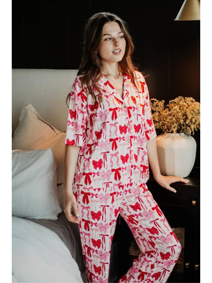 Pink & Red Coquette Bows Christmas Pajama Pants Set for wholesale on Faire3