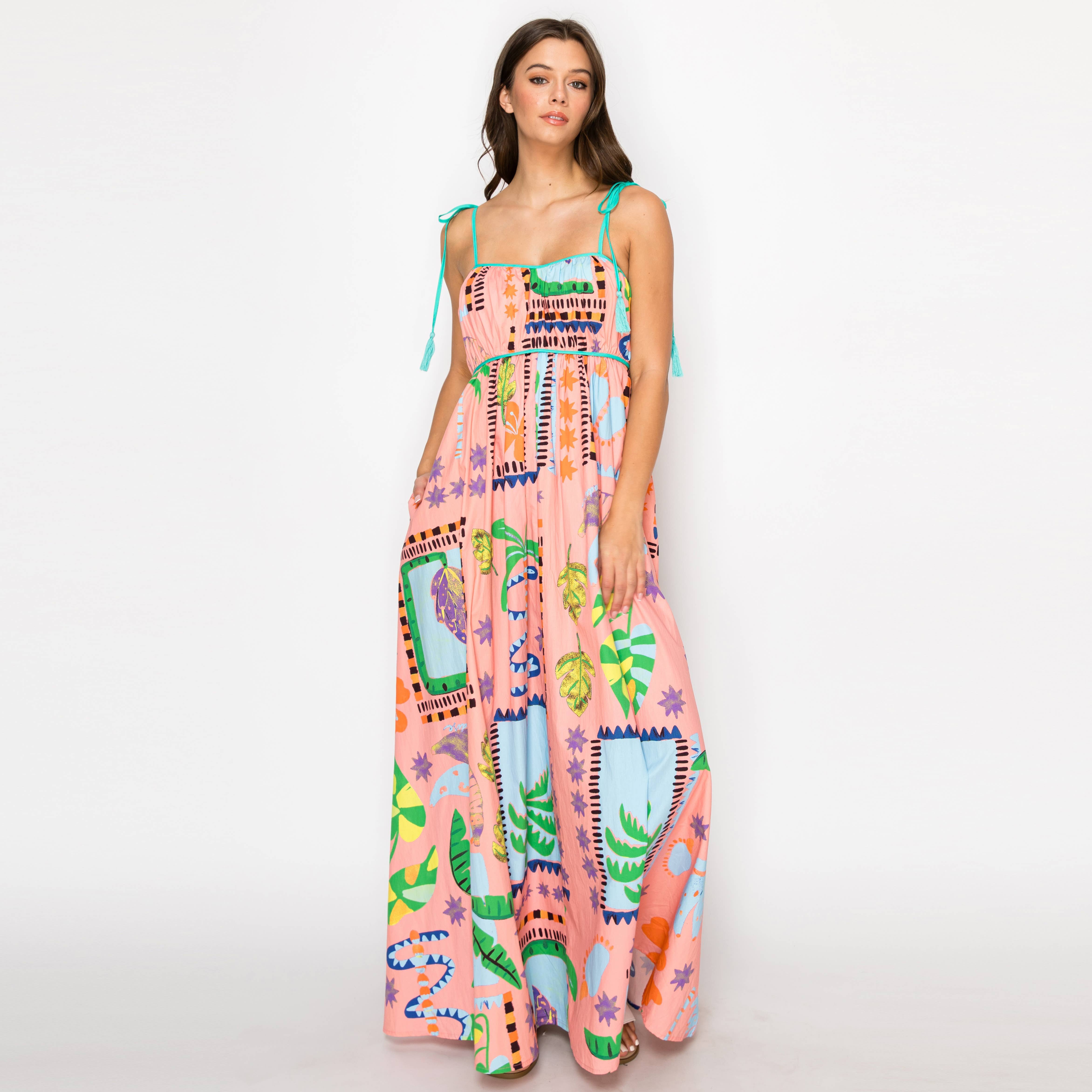 LoveWednesday - Wholesale Dress - Women's - Coral Retro Tropical Print Cotton Maxi Dress - LWD28991