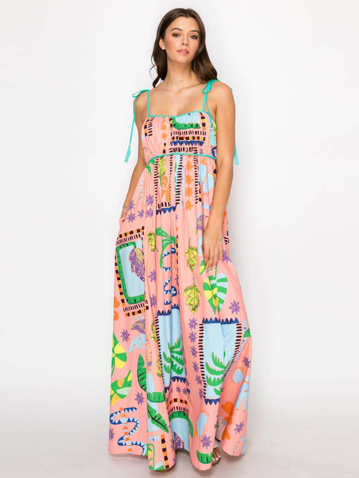 LoveWednesday - Wholesale Dress - Women's - Coral Retro Tropical Print Cotton Maxi Dress - LWD28991