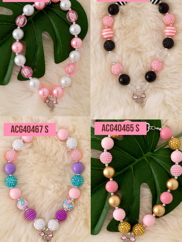 Multi-color bubble necklace w/coquette bow pendant. for wholesale by Kids Charm Online