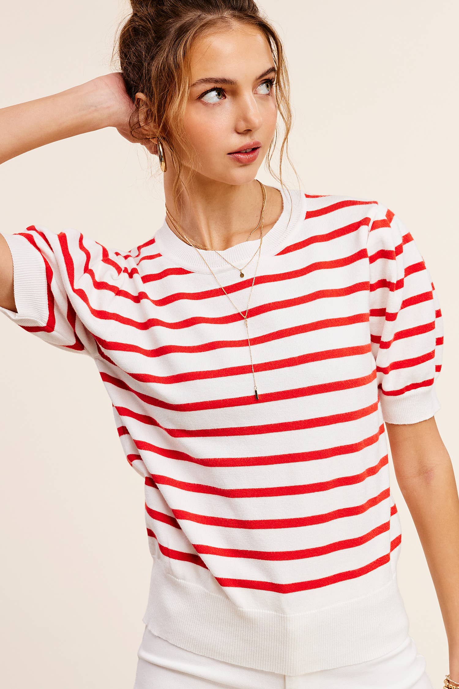 La Miel – Engroshandel Strikket top - Dame – JCS3562-letvægts Puff kortærmet stribet stribet top18