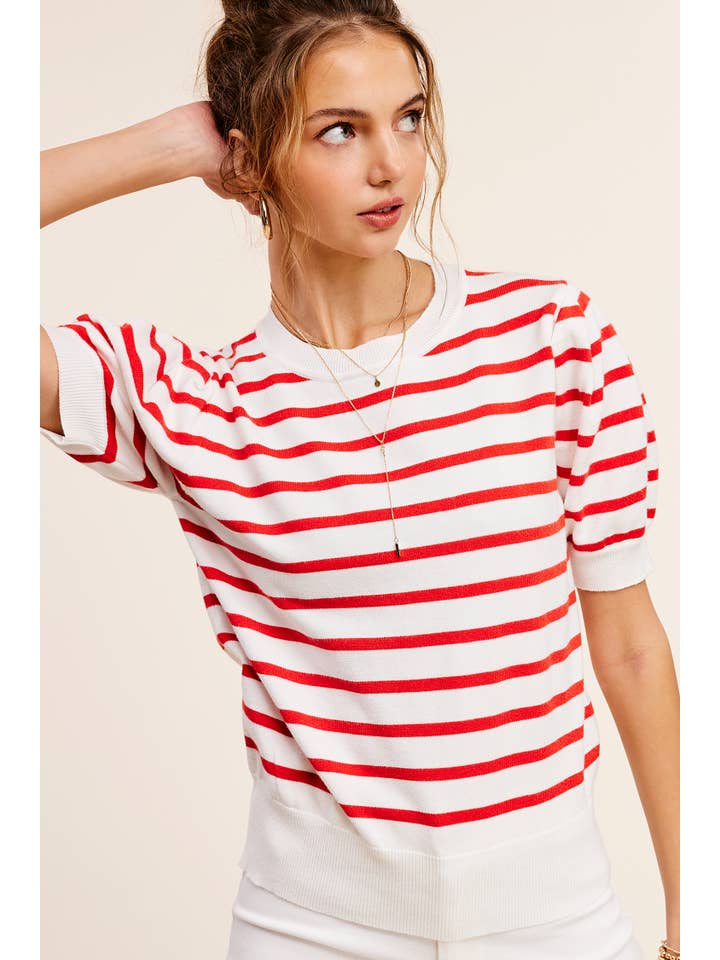 La Miel - Wholesale Knit Top - Women's - JCS3562-Lightweight Puff Short Sleeve Stripe Knit Top18