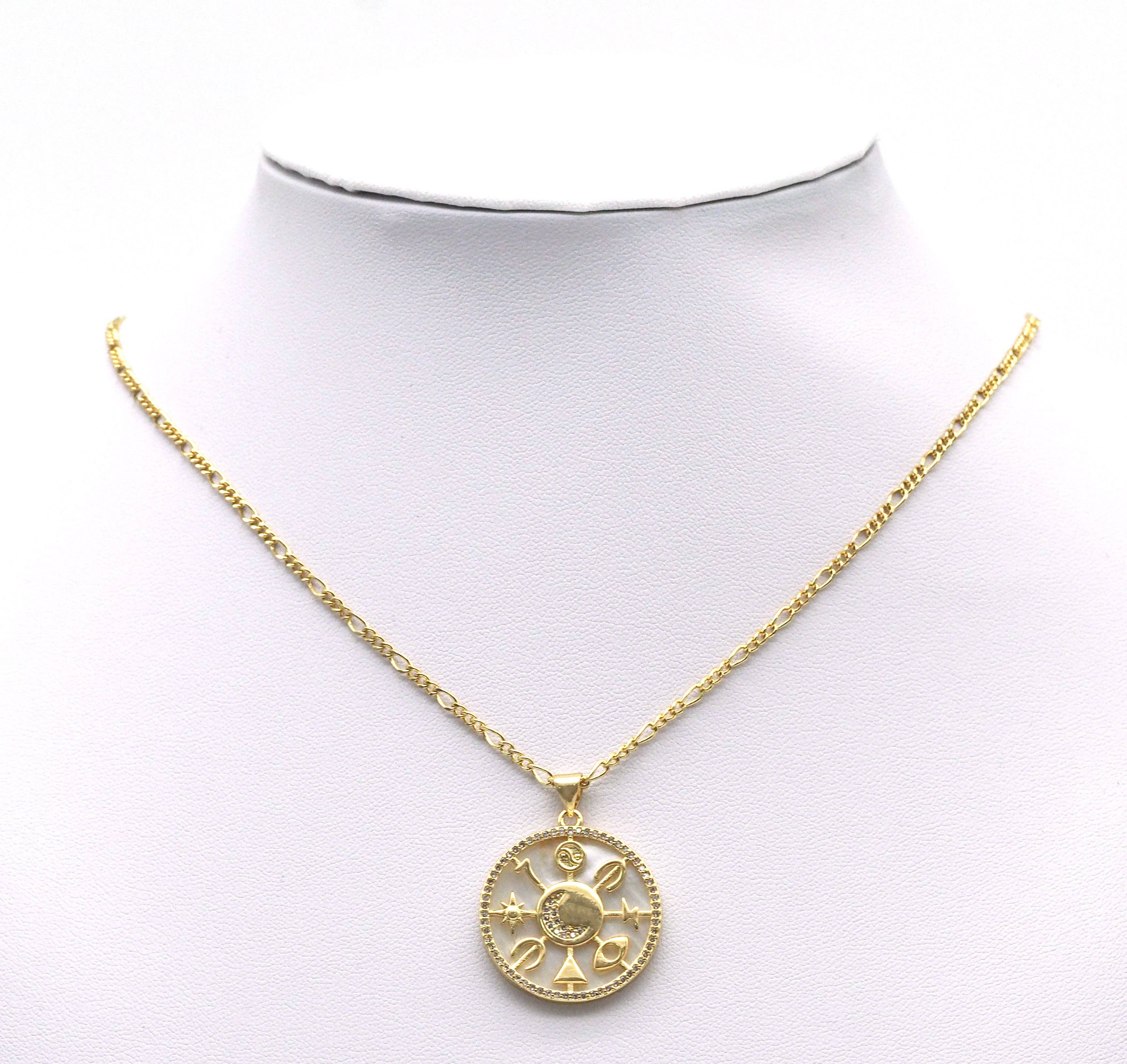 BestBeads&Beyond - Venta al por mayor Abalorios/colgantes individuales - Dije redondo de madreperla Sol Luna Lucky, Sku #LX823