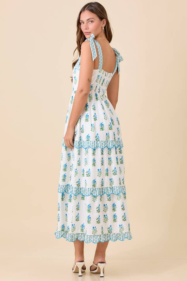 WHITE BLUE Shoulder Strap Tie Summer Midi Dress With Floral for wholesale on Faire
