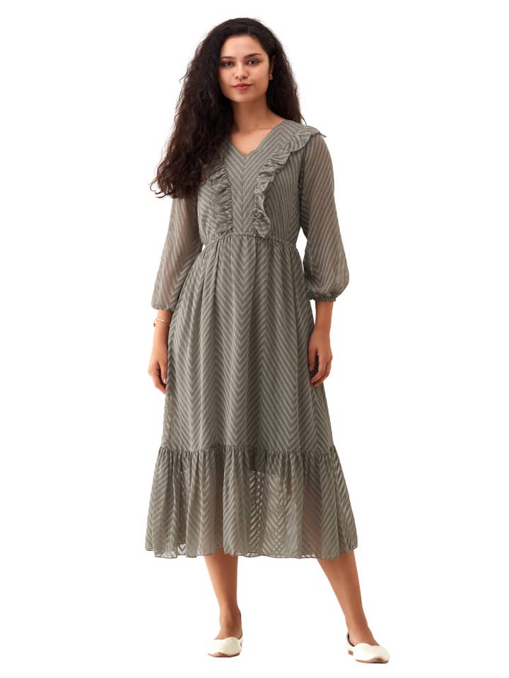 Grey Chiffon Brasso Swiss Dot V-Neck Dress for wholesale by STYLE INSTANT